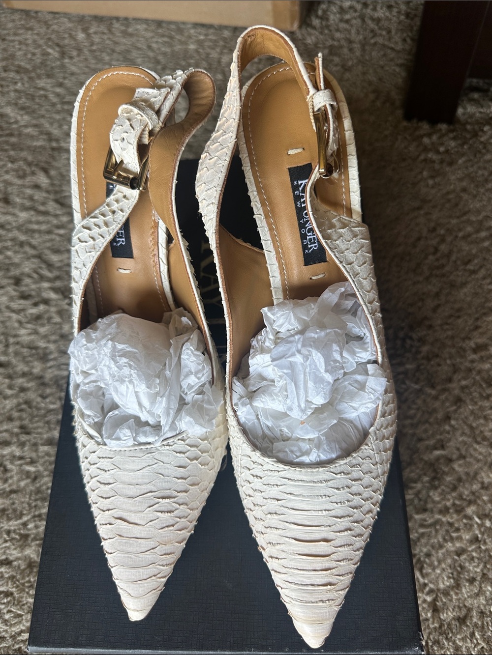Kay Unger Winter White Textured Pointed-Toe Slingback Heels